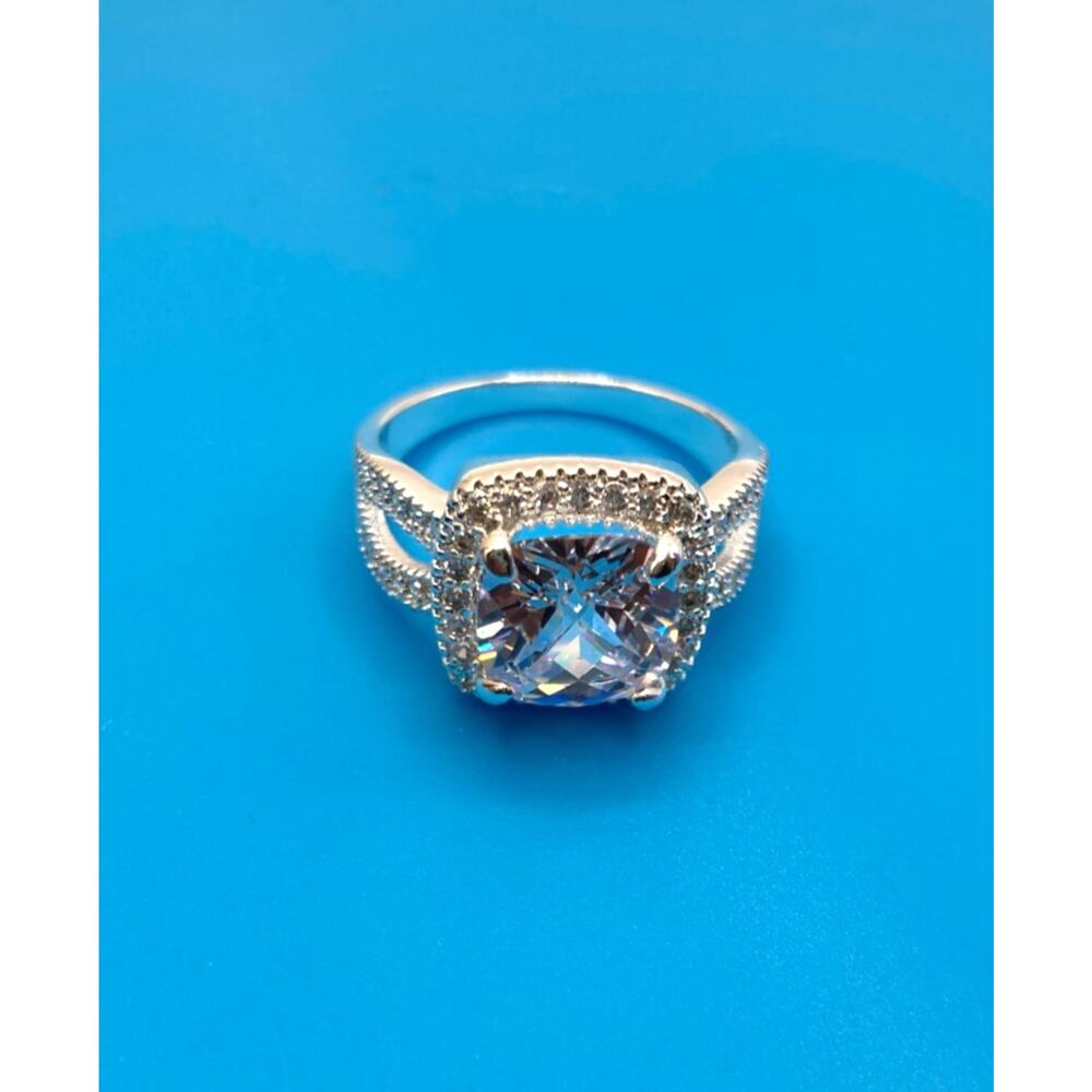 Halo Square Split Shank Silver Overlay Ring Made with SWAROVSKI Elements Sz 7